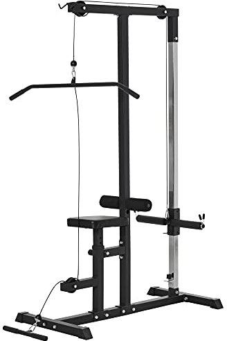 HOMCOM Latzugstation, Verstellbar Latzugturm mit Trizepsstange Latzugstange, Kabelzugstation bis 280kg Belastbar, Fitnessstation, Latzugmaschine, Latzug-Station für Zuhause Stahl Schwarz