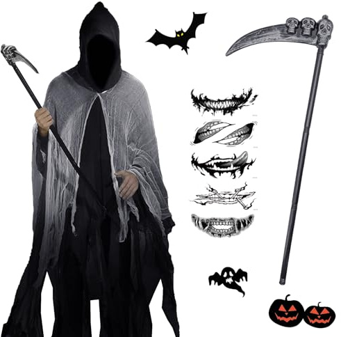 HUIKUANGEU Disfraz de la Muerte, Parca y Grim Reaper para Hombre - Halloween Segador