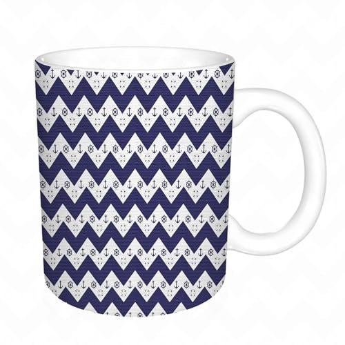 KDWJS Tasse Keramik Kaffeetassen Große 11oz Tassen 330ml Trinkgläser Mit Griff Personalisierte Geschenk Weiß,Pfeile geometrisches Design Anker Rettungsring Schiffsrad Marineblau und Weiß