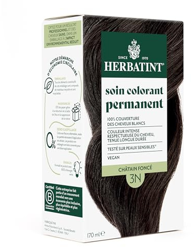 Herbatint Soin Colorant Permanent Cheveux 3N Châtain Foncé - 170 ml | Sans Ammoniaque, 100% Couverture des Cheveux Blancs | Testé Dermatologiquement pour Peaux Sensibles, avec 8 Extraits Végétaux Bio