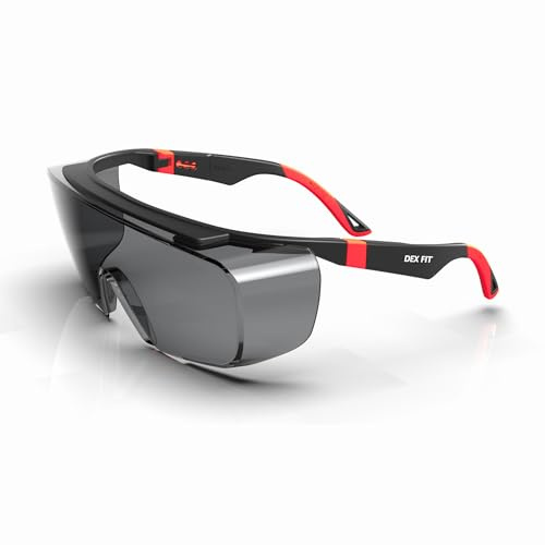 DEX FIT Schutzbrille SG210 OTG, Sonnen Schutzbrille für Brillenträger, Z87 Augenschutz, Beschlag- und Kratzfest, Verstellbar, Damen und Herren, UV Brille (Schwarzer und Blauer Rahmen, Getöntes Glas)