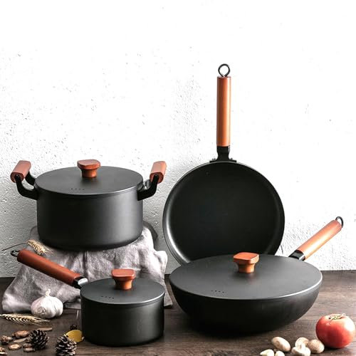 4 Pezzi Pentola Da Cucina, Wok Antiaderente Con Fondo Rotondo Vecchio Stile, Pentola Per Zuppa, Padella, Pentola Per Il Latte, Set Di Pentole, Pentola In Ghisa, Set Per Induzione, Per Il Campeggio