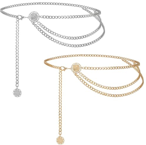 2er Set Verstellbare Taillenkette für Damen - Silber & Gold, 110cm Metall Gürtel für Piratenkostüm & Mode Accessoires