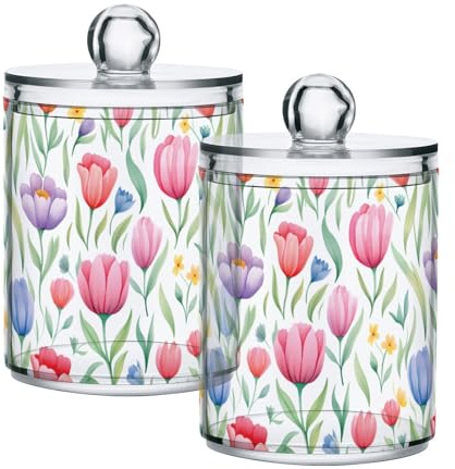 Paquete de 2 tarros de almacenamiento de flores de tulipán de primavera para baño, organizador de maquillaje transparente, almohadillas de bolas de algodón, hisopos, contenedores de hilo dental