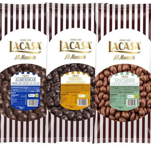 Lacasa Mi Momento pack 3kg bolas: Almendra con chocolate con leche,Anacardo leche,Dados de naranja con chocolate Negro