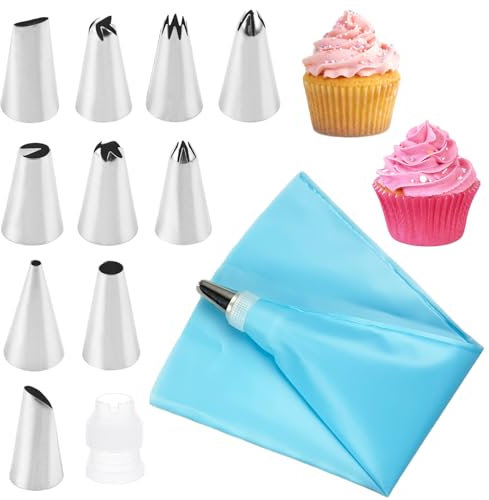 Kit de Boquillas y Manga Pastelera, 10 Boquillas de Acero Inoxidable y 1 Manga Reutilizable en Silicona para Decoración de Pasteles, Cupcakes y Repostería