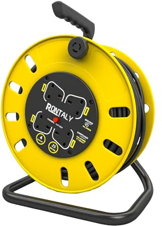Cable Reel,Heavy Duty,Power Switch,4 Socket,Outdoor Extension Lead Reel with Winding Handle and Thermal Cut Out for Workshop, Garden（15m/25m/50m (Yellow, 25 Meters)
