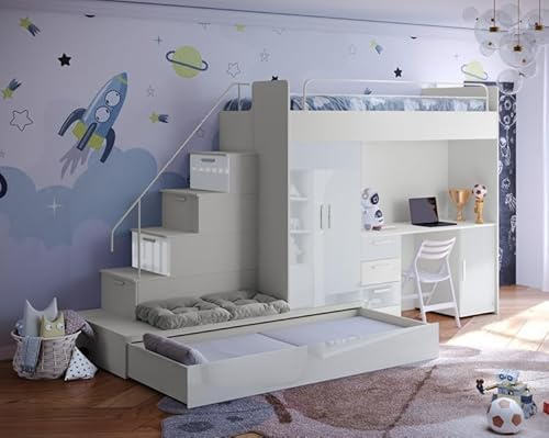 Generisch Hochbett mit Schreibtisch TOMI 5, Schrank, Treppe und Gästebett in Hochglanz (Cashmere + Weiß, Glanz, Ohne Matraze und Matrazenrahmen)
