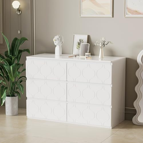 Commode À 6 Tiroirs, Buffet, Meuble De Rangement, Meuble D'entrée, pour Salon, Salle De Bain Et Chambre, Motif Vagues, Laquée, Design d'angle Résistant Aux Chocs, 110 L X 40 P X 72 H, Blanc