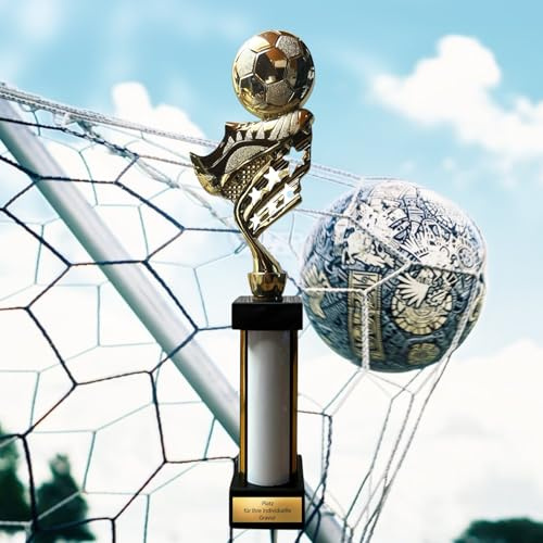 eberix · Fußball Pokal · mit Wunschgravur · Trophäe mit weißer Glanzsäule inkl. Gravur · Siegerpokal für Fußballturnier, Vereinsmeisterschaft, Jugendfußball · personalisierbar ·