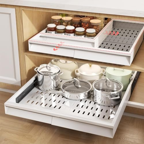 Seinloes 2 Pack Pull Out Cabinet Organizer With Raising Pad for Framed Cabinets,Expandable Width (13-21) and Depth (17-24),3 Slide Rails Slide Out Drawers with Handle,No-Drill Roll Out Shelf,White