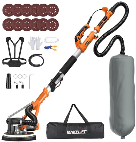 MAKELIFT Drywall Sander with Vacuum Dust Collector,1050W 7.33A Popcorn Ceiling Removal Tool,LED Light,5 Variable Speed 1000-2100RPM,Foldable & Extendable Handle,12 Sanding Discs
