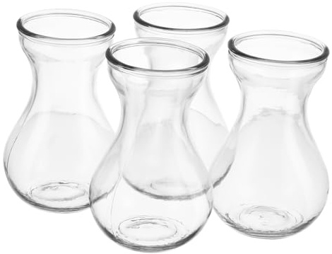 MALUGOGO Lot de 4 petits vases en verre transparent pour bulbes de jacinthe compacts pour bureau, maison, jardin, centres de table, conteneurs de fleurs en verre avec base plate stable