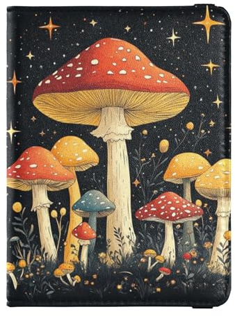 Custodia per passaporto in pelle nera con funghi e stelle, custodia per denaro e carte di credito, per viaggi di lavoro in famiglia