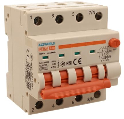 Interrupteur différentiel magnétothermique triphasé 380 V type A 20 A B20, 4P vrai (NO 3P+N), courbe B 6 kA 30 mA, double levier avec diagnostic visuel, 4 modules DIN, série PL8M4