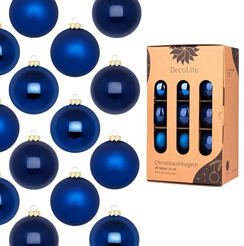 DecoLite Weihnachtskugeln Glas 6 cm, 30er Set, Blau Matt-Glänzend | 30 Glaskugeln Ø 6 cm, innen echt versilbert, inkl. S-Aufhänger 3,8 cm, plastikfreie Kartonbox