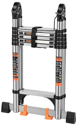 Telescoping Ladder 16.5 FT A Frame, Extension Multi-Purpose with Balance Bar Heavy Duty 330 lbs Max Capacity for Home and Outdoor Work, Silver