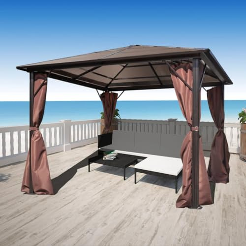 Pavillon d'Extérieur, en Aluminium avec Toit Polycarbonate, Tonnelle Pliante avec Rideaux, Abri de Jardin pour Terrasse, Jardin, Événements, Marron, 300x300x240 cm