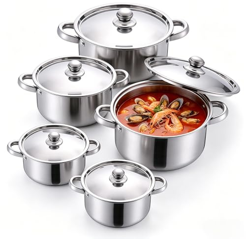 Stainless Steel Pan Set with Lids, 10-Piece Saucepan Set for Induction Hob, Stackable Cooking Pots for Family Kitchen, Dishwasher Safe Cookware Set, Gas Electric Ceramic Compatible