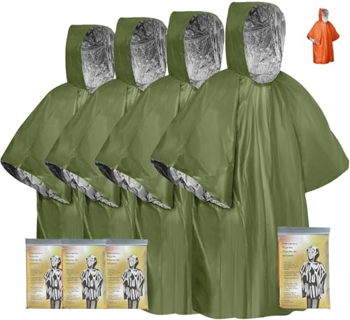 AGKG123 Emergency Survival Poncho (4pc) Thermal Mylar Foil Coating Blanket for Heat Retention and Rain | Reversible with Hood | Waterproof, Windproof, Portable