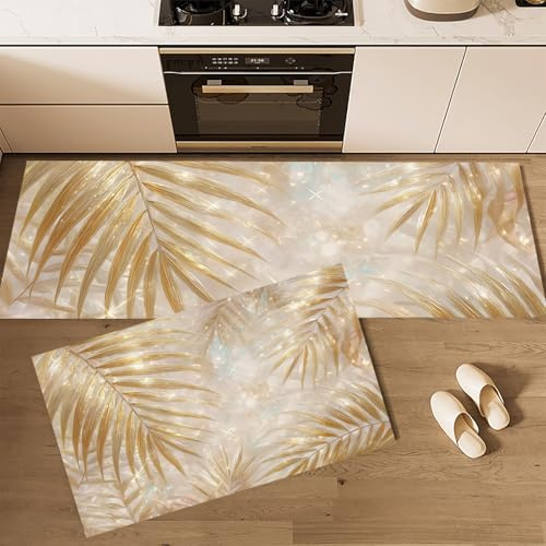 2 Pezzi Tappetini Da Cucina, Tappetino Di Foglie Palma Foglia D'Oro Scintillante, Tappeto Passatoia Cucina Lavabile Beige, Antiscivolo Durevole Zerbino Pianta Lussuosa Per Interni, 40X60+40X120Cm
