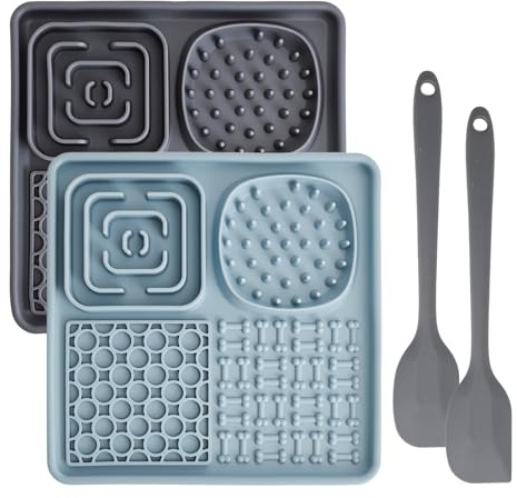 Silikon Schleckmatte für Hunde und Katzen, 4-Zonen Futtermatte & Leckmatte mit Saugnäpfen inkl Spatel frei von BPA für langsames Fressen & Angstlinderung Anti-Rutsch Leckspielzeug(Grau+Blau)