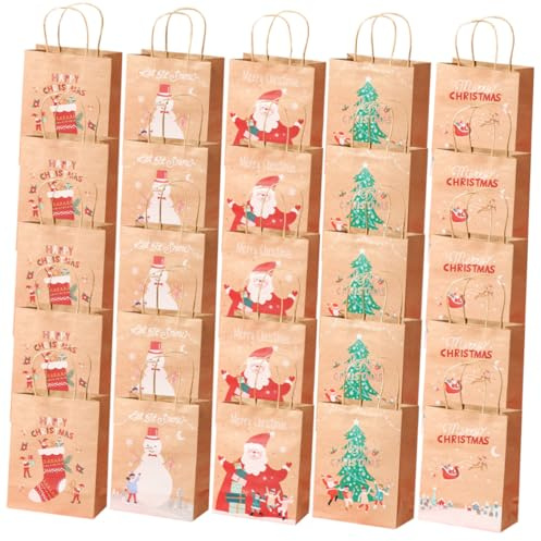 TEHAUX 25 Stück Weihnachtstüten aus Papier mit Henkel Weihnachtliche Geschenktaschen für Party Gastgeschenke Sichere Papiertragetaschen mit Weihnachtsmotiven