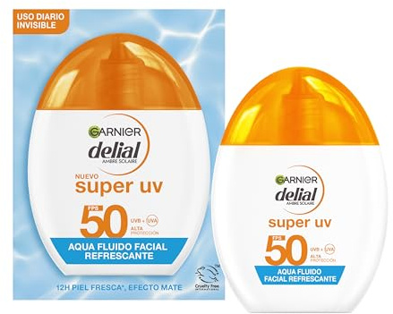 Garnier Delial Super UV Aqua Fluido Facial con Color FPS 50+, 40ml | Ácido Hialurónico, Efecto Mate 12H, Acabado Invisible, Textura Refrescante, Fórmula Vegana, Super UV