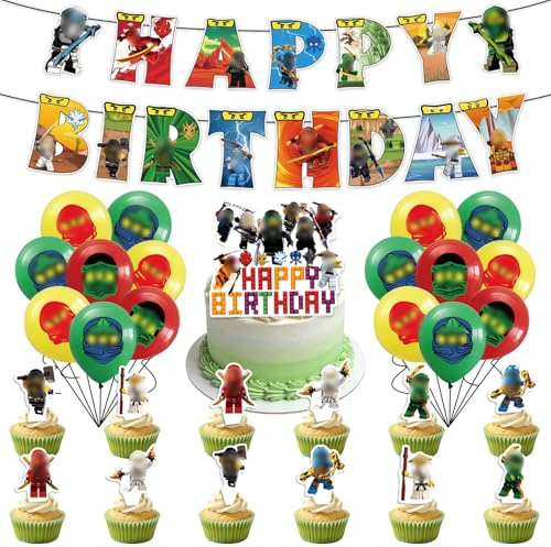 32 Stück Ni-nj Geburtstagsdeko Set, Kämpfer Kindergeburtstag Deko Cartoon Luftballons Geburtstag Dekoration Set für Kinder Jungen Mädchen Themenpartys Dekorationen