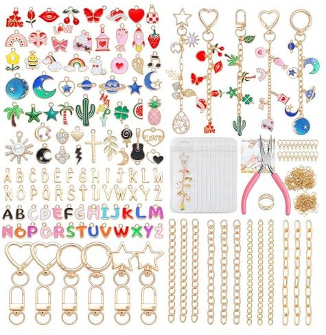 Rokahebi 352-teiliges DIY Schlüsselanhänger Set, Lipgloss Anhänger Set, komplettes Bastelset für Taschenanhänger & Armbänder, Edelstahl Charms, Biegeringe, Zange & Geschenktüten für DIY Schmuck