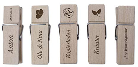 10 Wäscheklammern aus Holz mit personalisierter Gravur - Holzklammern mit eigenem Text und Motiv selbst gestalten - für Hochzeiten und Feste