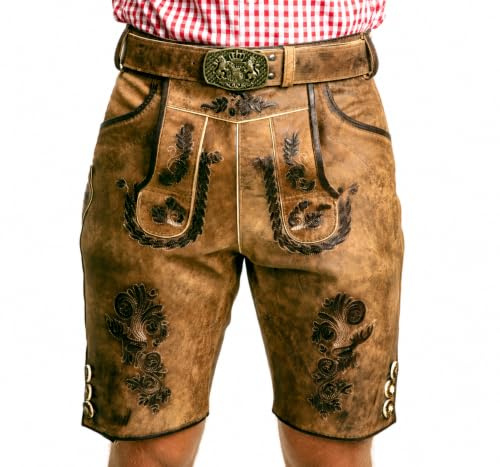 SYMPHONIE WESTERWALD Lederhose Herren kurz aus echtem Leder mit Gürtel | Echtes Full-Grain-Leder mit Gürtel und traditionellen Stickereien, ideal für Oktoberfest und Trachtenfeste
