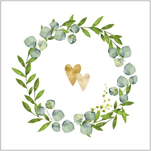 Miss Lovely Serviettes de table de mariage Botanical Hearts - Avec feuilles de vigne - Blanc, vert, doré - Décoration de table - Accessoires et accessoires de décoration de mariage - 60 serviettes