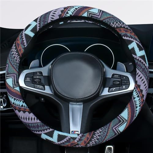 Istn 2018- Copertura per volante in tessuto di lino grosso, motivo etnico, antiscivolo, assorbe il sudore (M, 38 cm, adatta alla maggior parte delle auto)