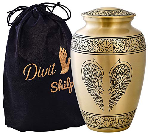 Divit Shilp Urne funéraire pour cendres humaines avec sac en velours pour adultes jusqu'à 100 kg (ailes d'ange dorées, adulte)
