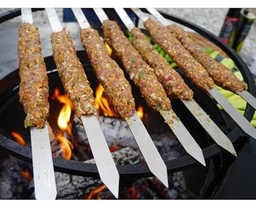 JD Europe 6pcs Turkish Adana Kebab BBQ Skewers. Stainless Steel Flat Wide Barbecue Skewers Length 57.5cm, Width 2.4cm and 2.5mm Thick