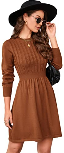 KOJOOIN Damen Strickkleid Pulloverkleid Zopfmuster Langarm Tunika Kleid Strickpullover Minikleid Rundhals Pullikleid Elegant A Linien Freizeitkleid (Verpackung MEHRWEG), A-Braun, M