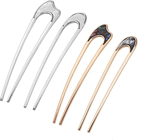WLLHYF 4 Stück Metall U-förmige Haarnadel Haarspange Gabelstäbchen Französischer Stil Haarnadel 2 Zinken Hochsteckfrisur Chignon Pins Dutt Haarstyling Zubehör für Frauen Mädchen (Stil 1)