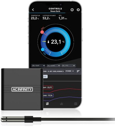 AC Infinity Mini Temperature Humidity Smart Hygrometer A1 Bluetooth App Monitor, Climate Gauge Thermometer Sensor Probe for Basements, Guitar Rooms, Grow Tents & Greenhouses