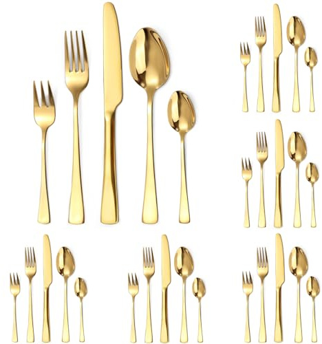 Targzier Goldenes Besteck Set 6 Personen, 30 teilig Besteck Set Glänzendes Goldenes aus Edelstahl mit Messern, Gabeln und Löffeln, hochglanzpoliert und spülmaschinenfest,von Freunden empfohlen