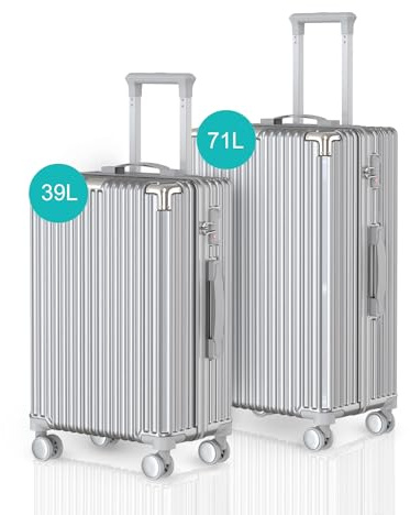 Voyagoux Kofferset 2 teilig - 39L & 71L, Hartschalenkoffer Set, TSA-Schloss, ABS, 4X 360° Rollen, Robust und Leichtgewicht Suitcase, Silber
