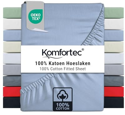 Komfortec Lenzuolo con Angoli in Jersey 100% Cotone – 180x200 cm – 135 g/m² – Morbido, Traspirante e Delicato sulla Pelle – Certificato Oeko-Tex – Per Boxspring, Topper e Materassi – Azzurro