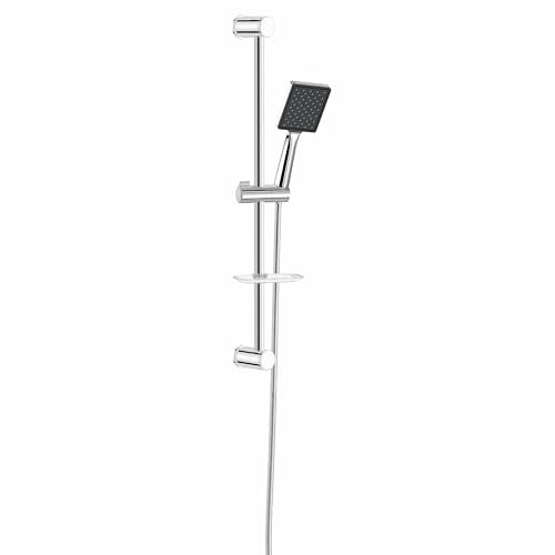 Duschstange mit Brause 60 cm| Duschset Edelstahl | Seifenablage | Handbrause 9x11cm | Duschkopfhalterung | Schlauch Brausestangenset Brausegarnitur Queen Chrome Space