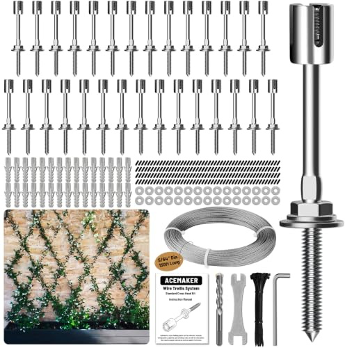 Acemaker Draht-Rankgitter für Kletterpflanzen im Freien, 20 Sets Wanddraht, Spalier-Set mit 2 mm x 29,9 m Edelstahlkabel, T316 Spaliersystem für Zaun und Garten, DIY-Projekte | T316 Marine Grade Edelstahl Wandmontiertes Kabelspalier für Kletterpflanzen Outdoor, Gartenzaun Spaliersystem