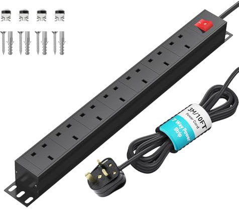 Extension Lead Surge Protection 7 Way Power Strip with Switch, Multi Plug Socket Horizontal PDU Power Distribution Unit, Rack Mount Power Outlets Wall Mount Power Strip, 3m Cable