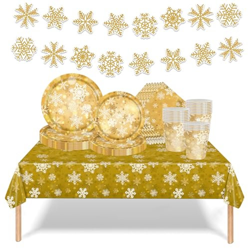 70pcs Gold Snowflake Christmas Party Tableware Set - Disposable Plates, Napkins, Cups, Tablecloth and Banner - Xmas Dinnerware and Table Decorations for Holiday Celebrations