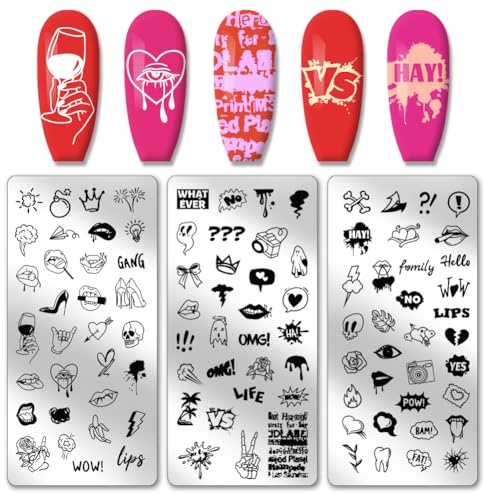 PH PandaHall 3pcs Love Heart Lips Nail Stamper, 96 Patterns Nail Stamping Plate Greetings Comic Phrases Nail Art Stencils Stainless Steel Nail Image Plates für Nail Art Design Druck Maniküre Salon