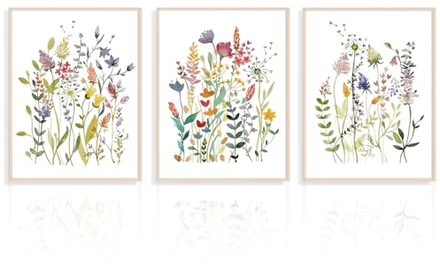 Dazzlewall Juego de 3 Flores de Acuarela Arte de Pared Colorido Arte de Pared Botánico Minimalista Impresiones de Flores Silvestres para Dormitorio Sala de Estar 30x40 cm Sin Marco