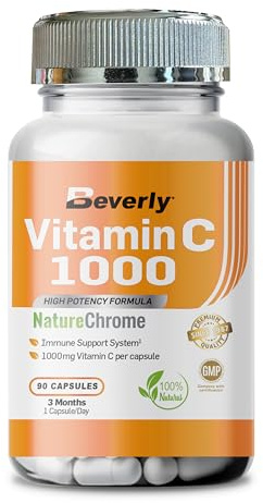 Beverly Vitamina C 1000-90 Cápsulas vegetales - 1 g de vitamina C por cápsula - 90 servicios - Mejora del sistema inmunológico y reducción de la fatiga