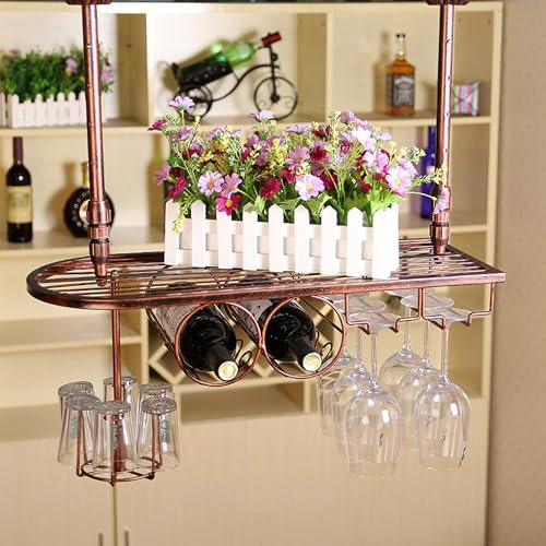 Weinregal Hängend Metall Flaschenregal Wand Schmal Wine Rack Bar Regal Wand Weinschrank Barschrank Weinständer mit Weinglashalter Getränke Regal Deckenregal Hängend für Hausbar Bartheke Küche(Bronze,6